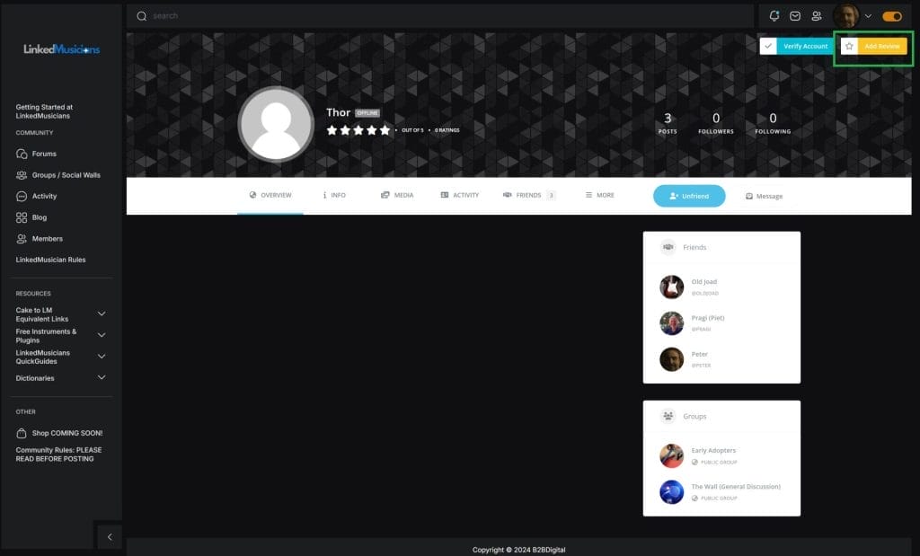 member profile page with write a review button on upper right corner 