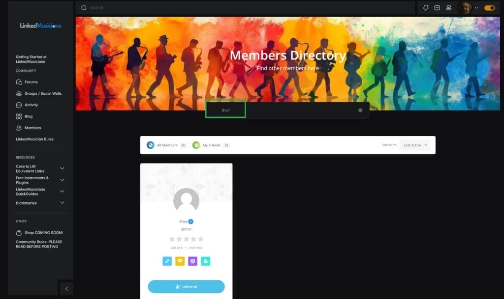 how to find a member at LinkedMusicians